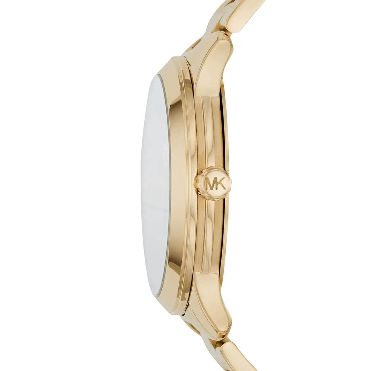 Side view of Michael Kors MK6682 showing polished gold bezel and case thickness