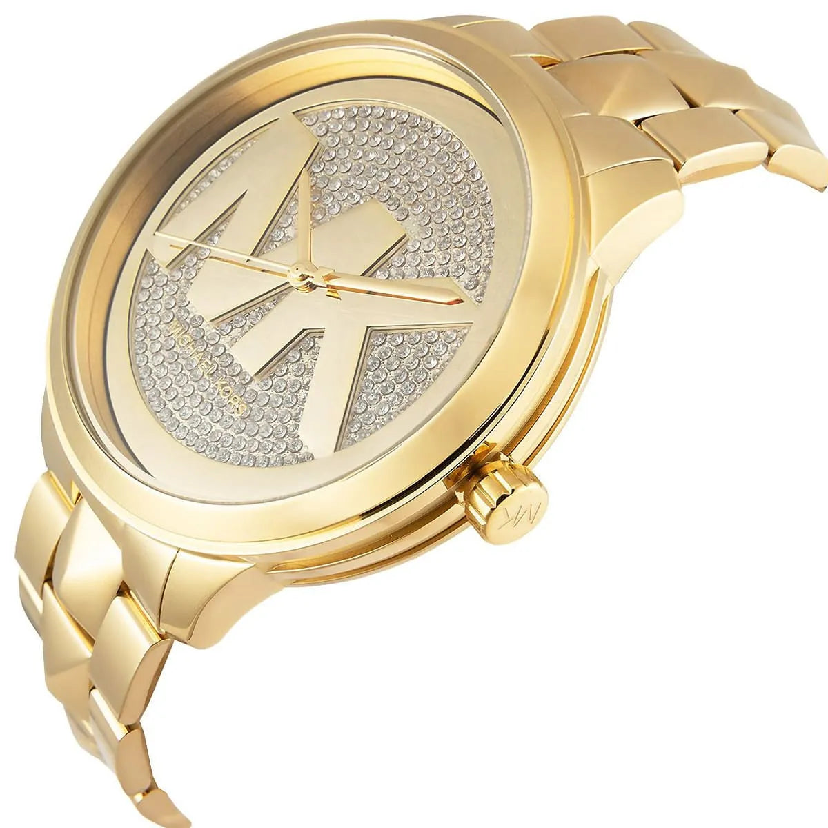 Angled front view of Michael Kors MK6714 showing depth of crystal pave background