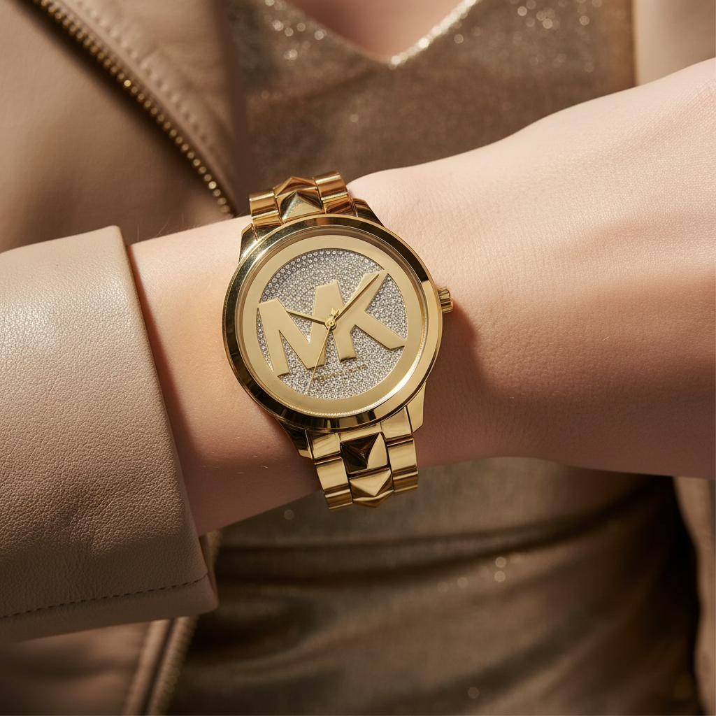 Edgy woman wearing Michael Kors MK6714 studded gold watch on smooth hairless wrist