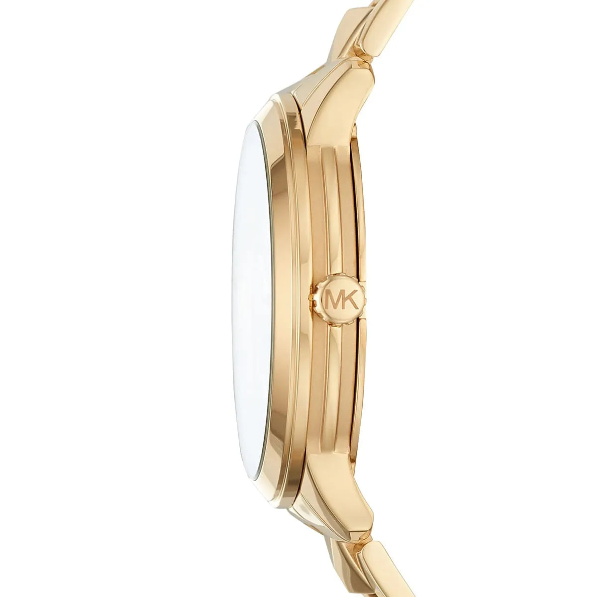 Side view of Michael Kors MK6714 showing polished gold bezel and case thickness