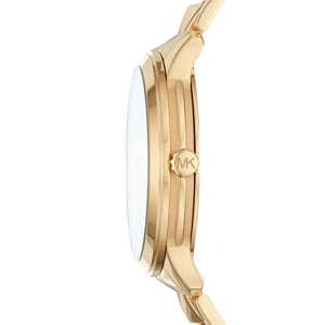 Side view of Michael Kors MK6714 showing polished gold bezel and case thickness