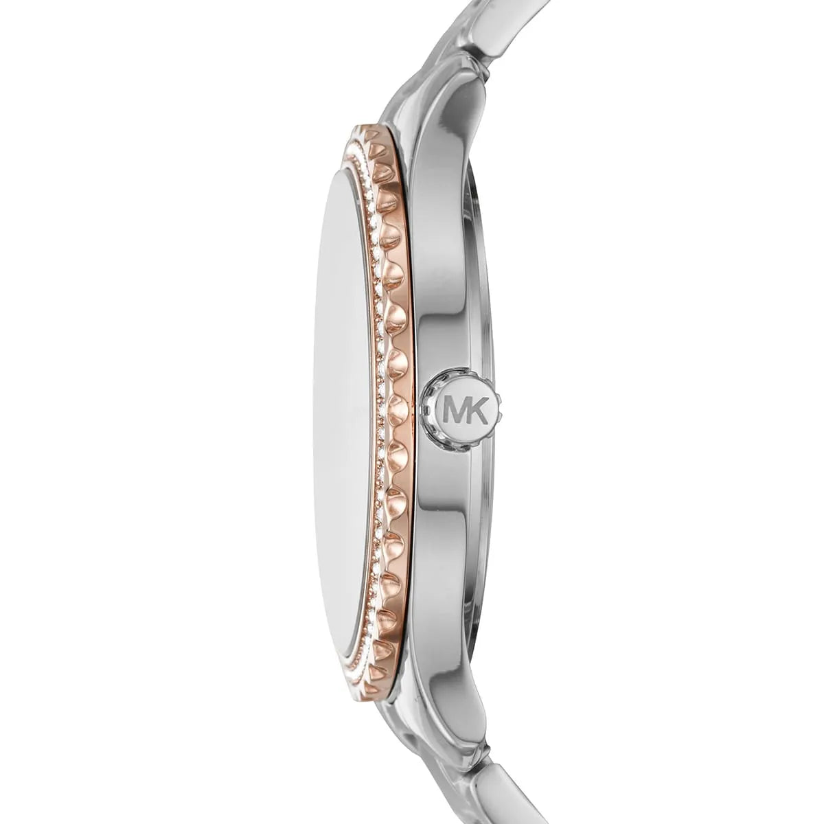 Side view of Michael Kors MK6849 showing coin-edge bezel detail and crown