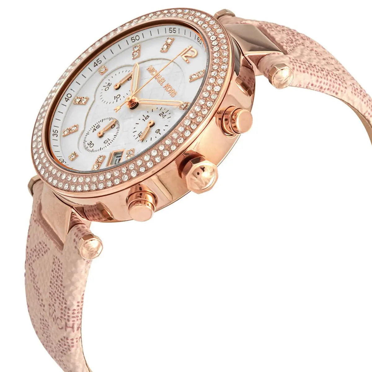 Angled front view of Michael Kors MK6935 showing depth of white chronograph dial