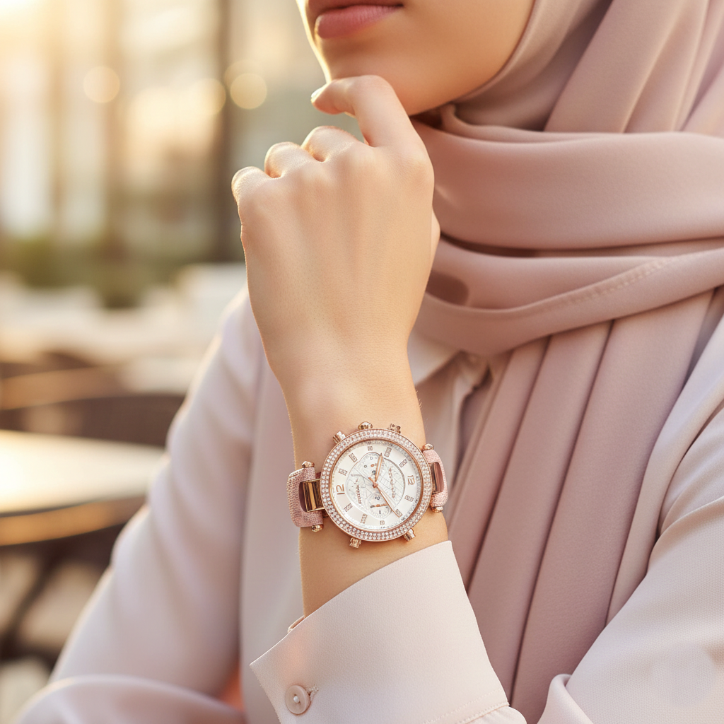 Soft pink elegance: Hijabi woman wearing Michael Kors MK6935 watch on hairless wrist