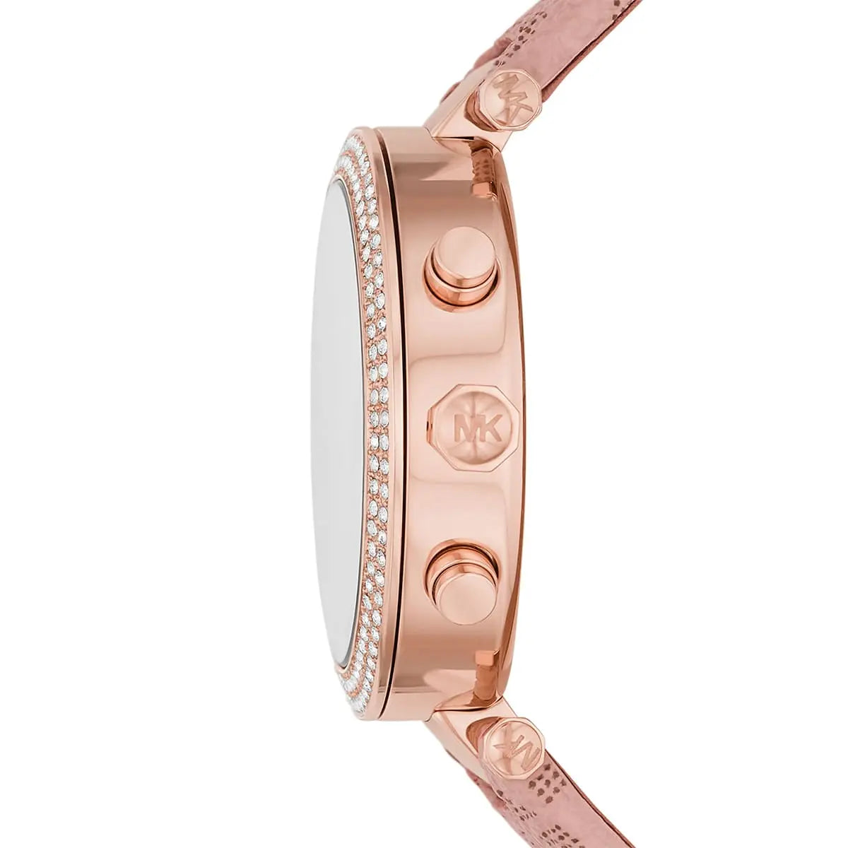 Side view of Michael Kors MK6935 showing rose gold case and crystal setting