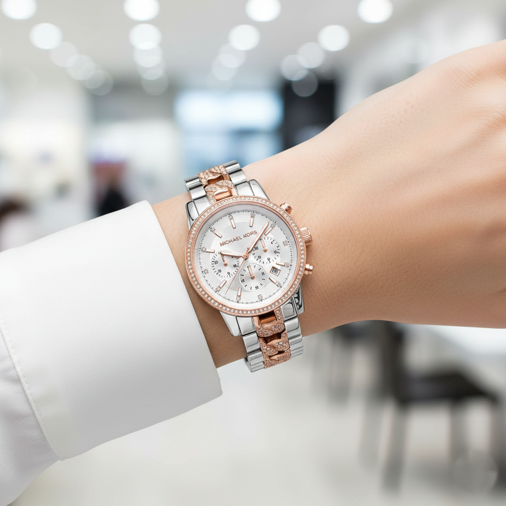 Elegant woman wearing Michael Kors MK6938 two-tone pave watch on smooth hairless wrist