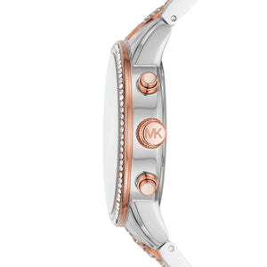 Side view of Michael Kors MK6938 showing rose gold pushers and silver case