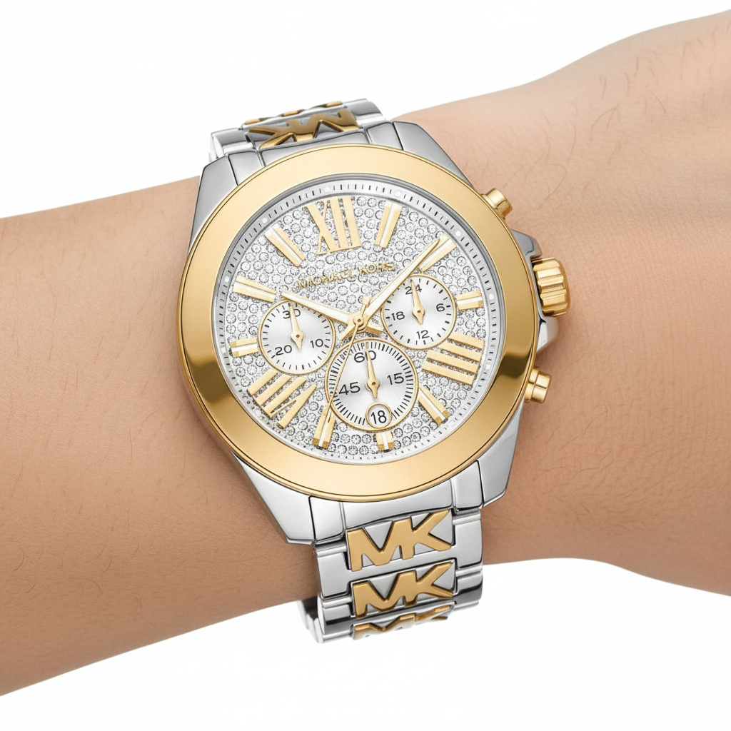Glamorous woman wearing Michael Kors MK6953 crystal dial watch on smooth hairless wrist