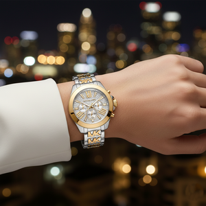 Extreme close-up of Michael Kors MK6953 showing paved crystal dial and logo links