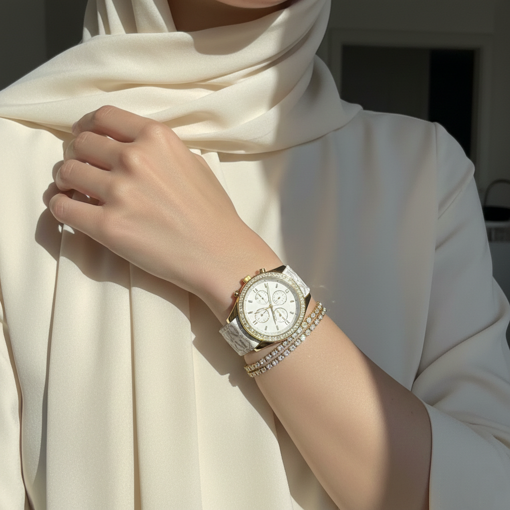 Modest woman wearing Michael Kors MK6967 gold watch with MK logo strap on hairless wrist