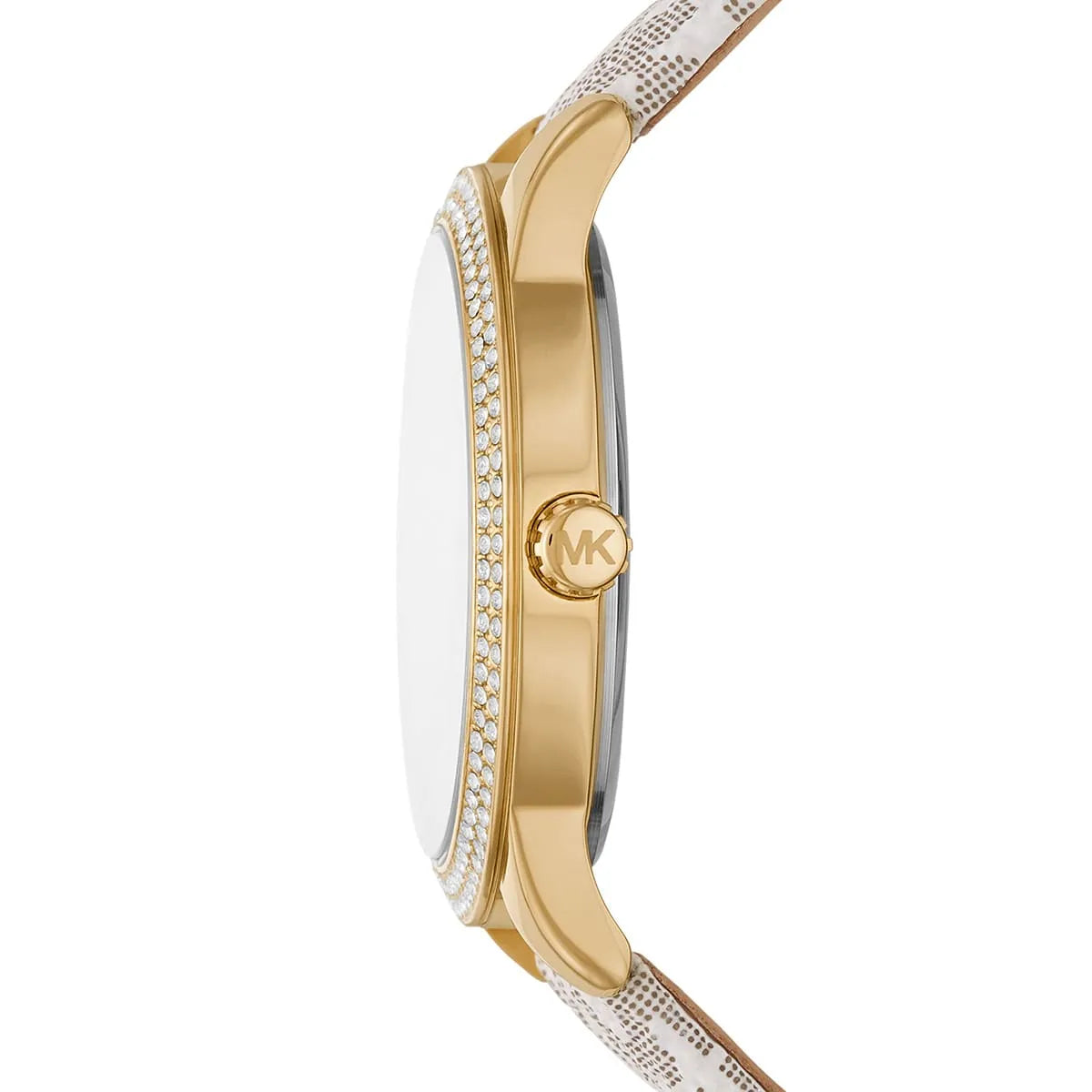 Side profile of Michael Kors MK6967 showing the polished gold case and crystal bezel thickness