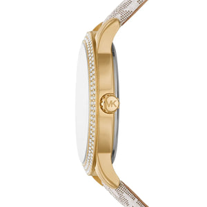 Side profile of Michael Kors MK6967 showing the polished gold case and crystal bezel thickness