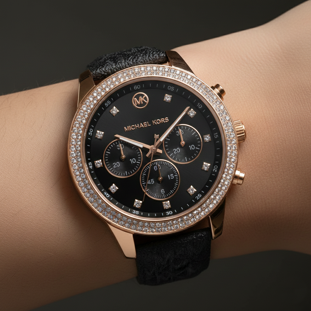 Close-up of Michael Kors MK6968 black chronograph dial and double-row rose gold crystal bezel