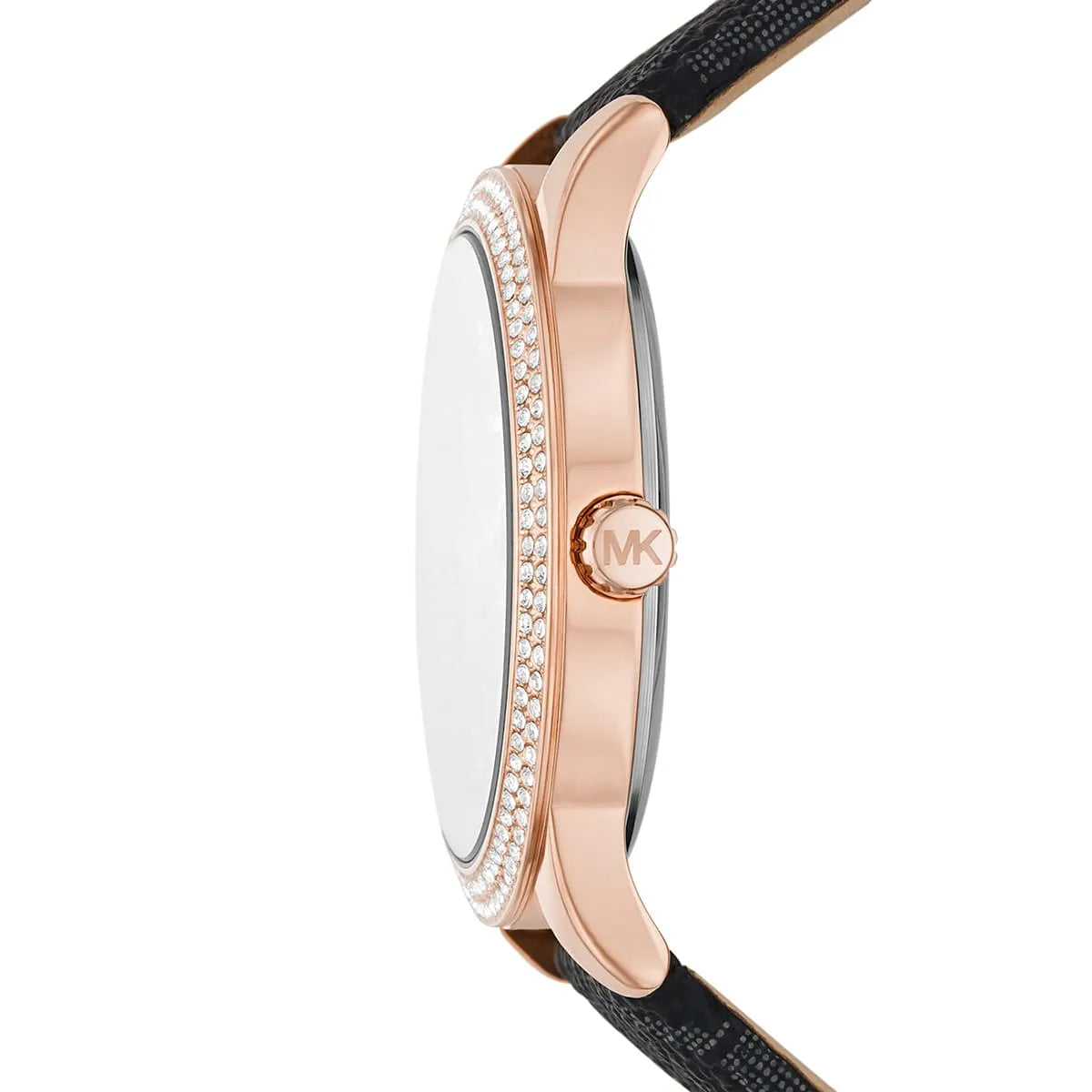 Side profile of Michael Kors MK6968 showing the polished rose gold case and crystal detail