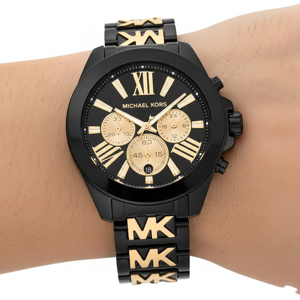 Edgy woman wearing Michael Kors MK6978 black logo watch on smooth hairless wrist