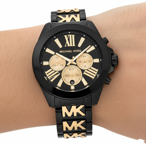 Edgy woman wearing Michael Kors MK6978 black logo watch on smooth hairless wrist