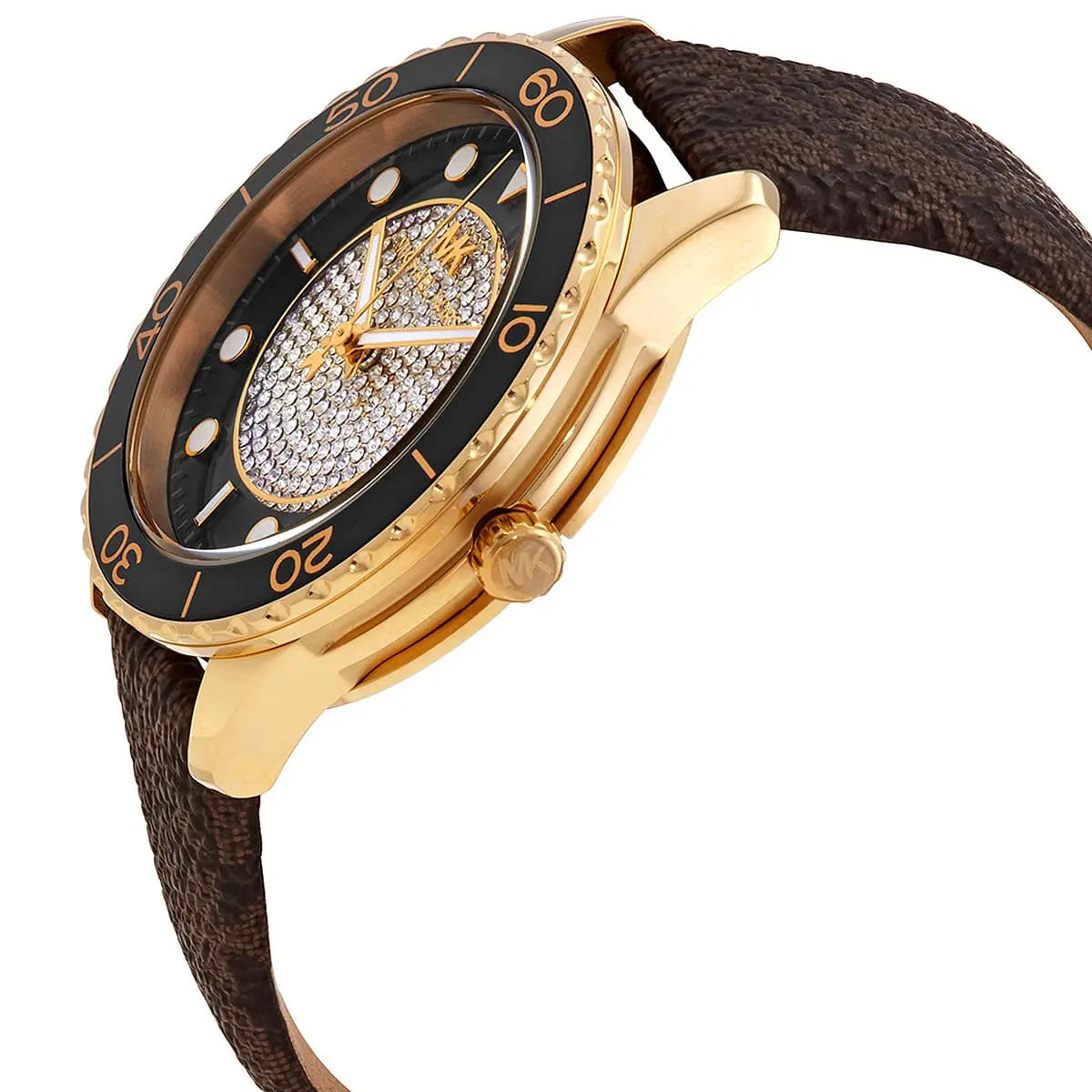 Angled front view of Michael Kors MK6979 showing depth of crystal dial and bezel
