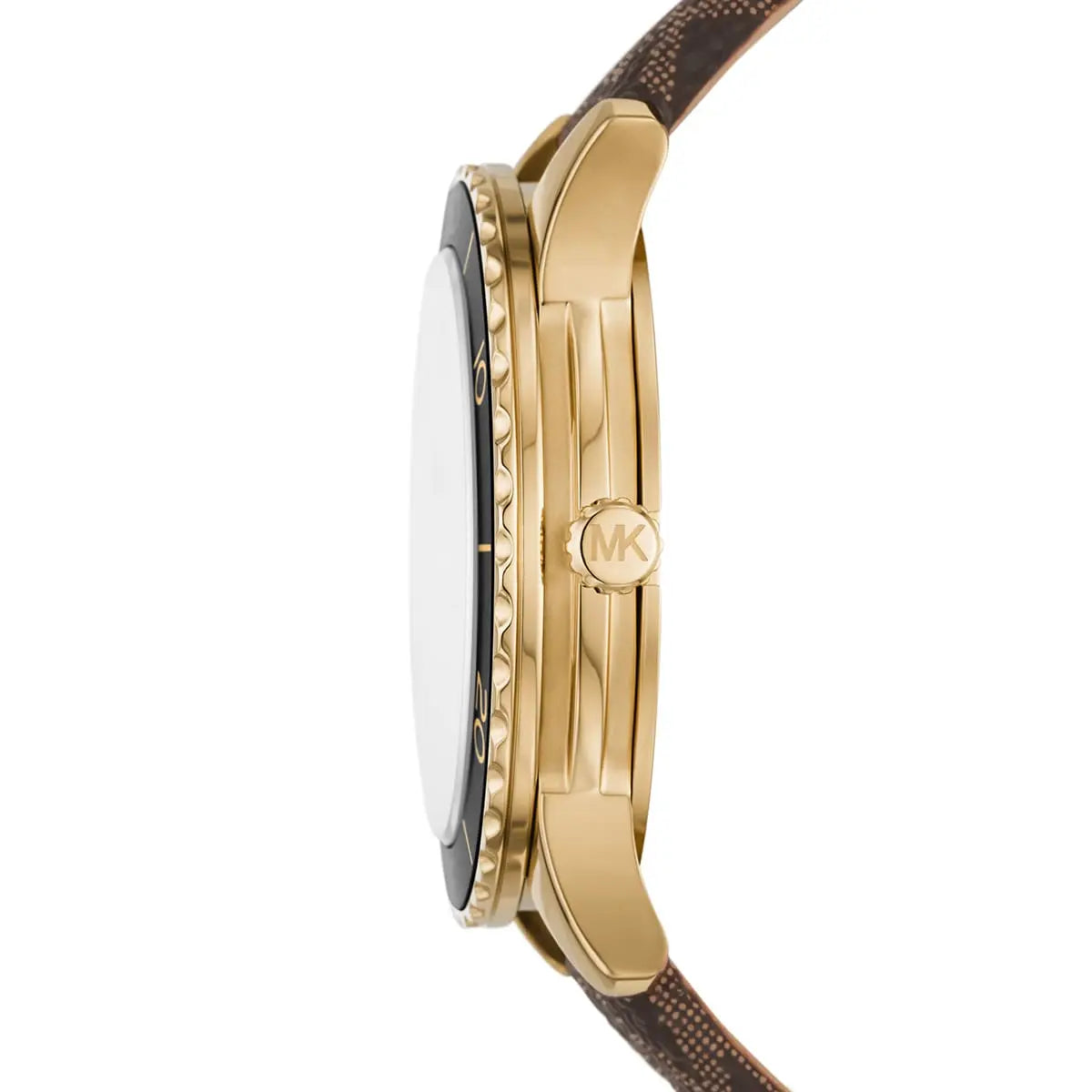 Side view of Michael Kors MK6979 showing gold case and black bezel insert
