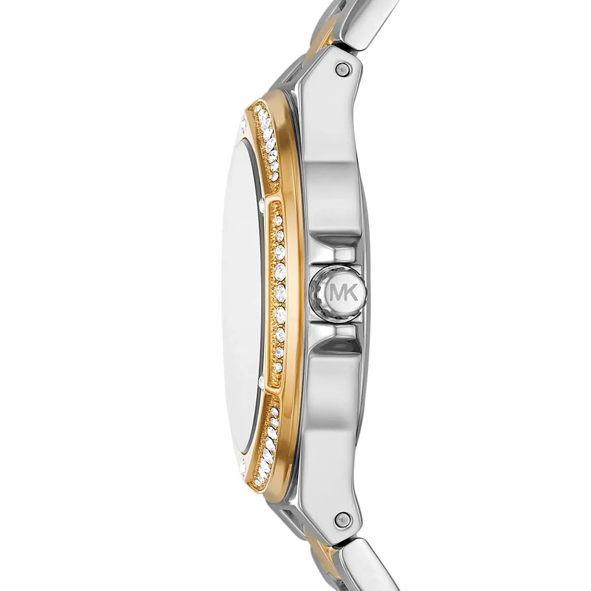 Side view of Michael Kors MK6988 showing polished silver and gold case details