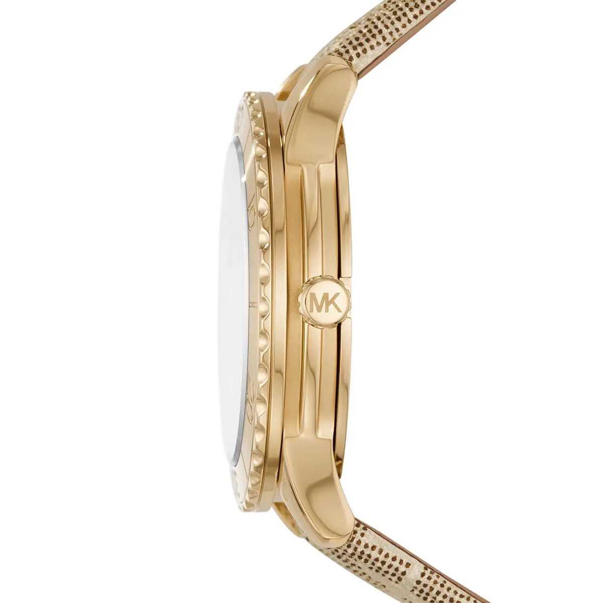 Side view of Michael Kors MK6999 showing sporty bezel profile and gold crown