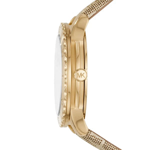 Side view of Michael Kors MK6999 showing sporty bezel profile and gold crown