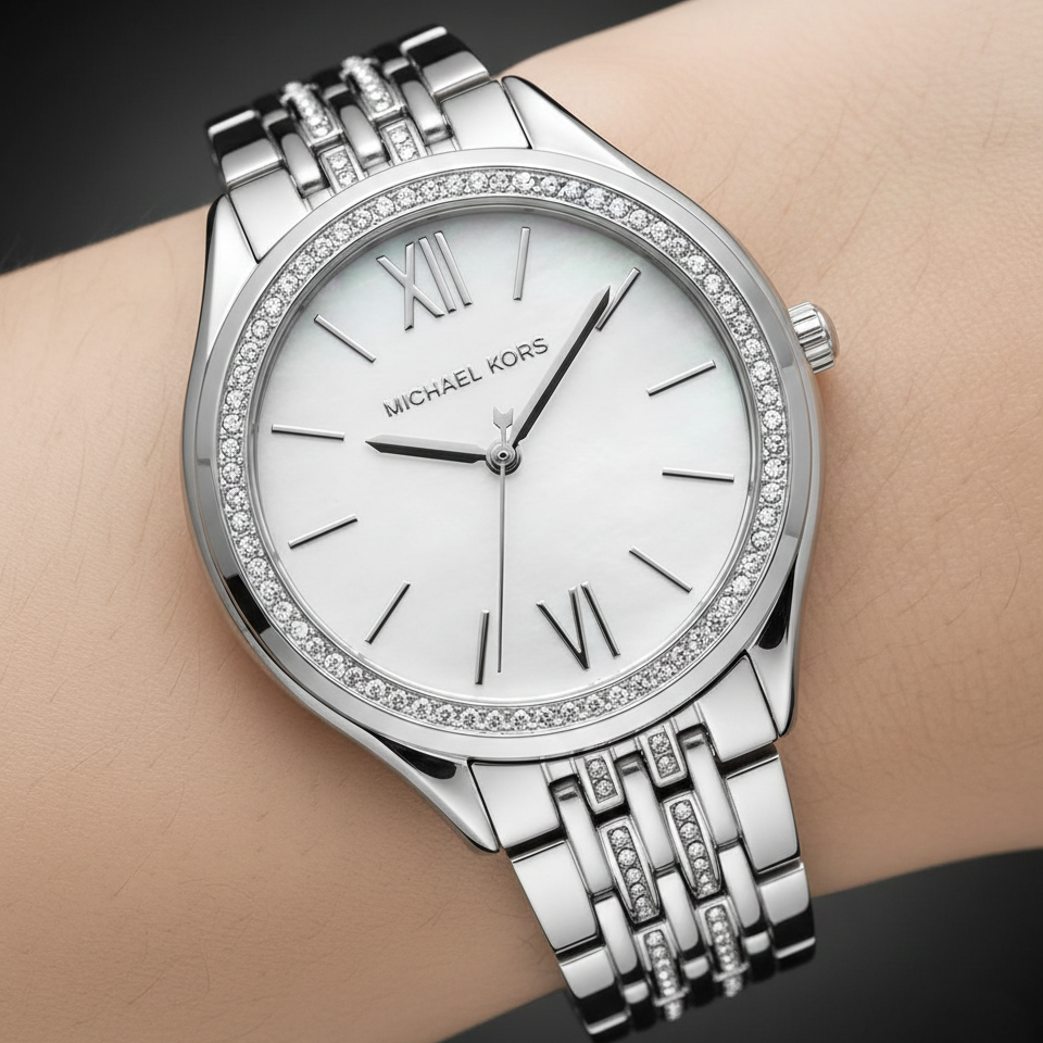 تفاصيل مينا ساعة Michael Kors MK7075 الصدف والأرقام الرومانية وإطار الكريستال