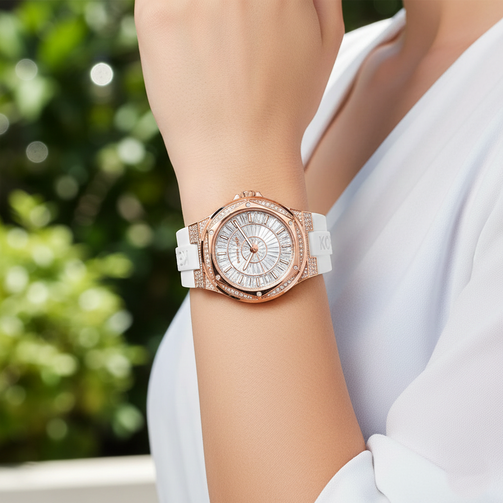 Fresh chic: Woman wearing Michael Kors MK7248 white silicone watch on hairless wrist