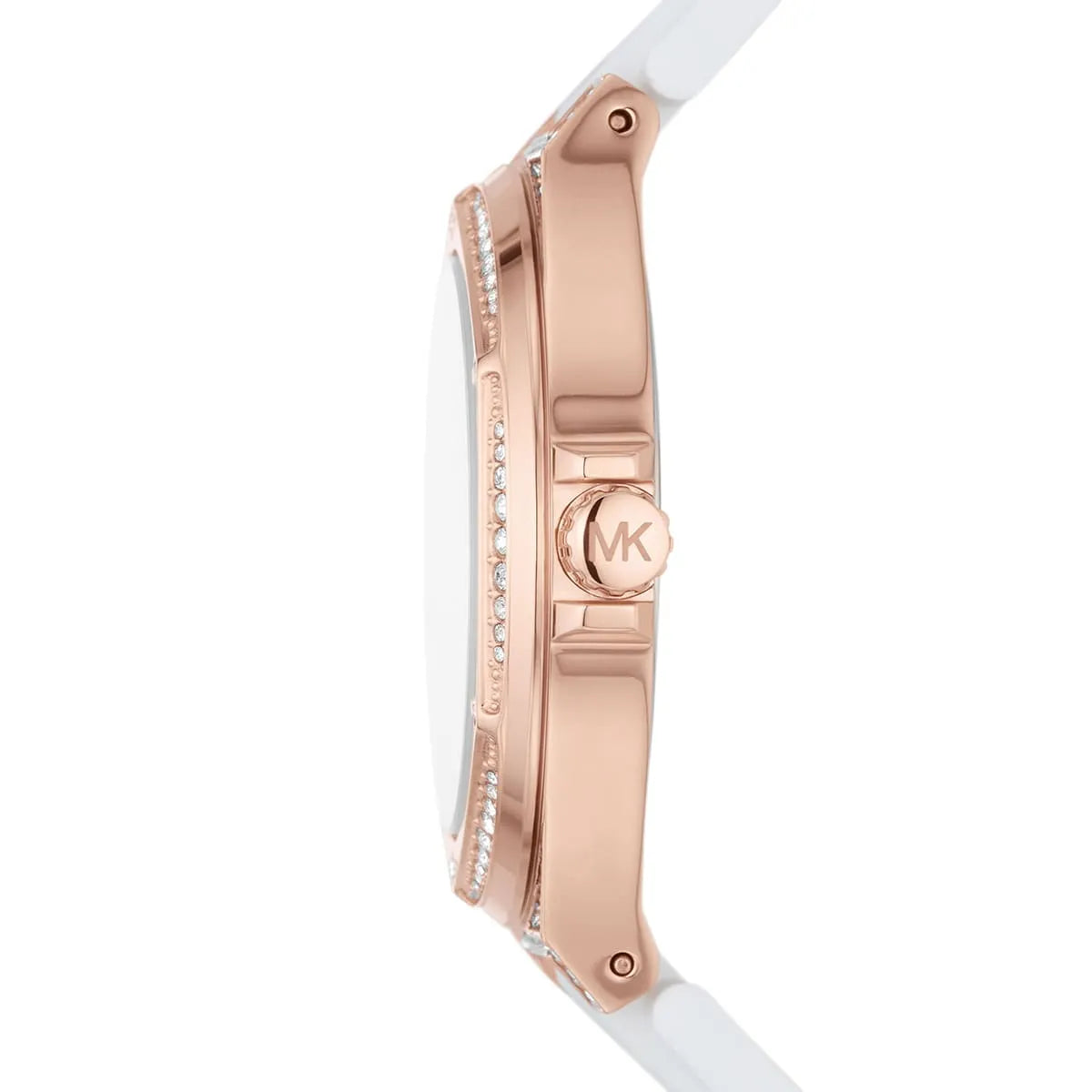 Side view of Michael Kors MK7248 showing rose gold case thickness and crystal lugs