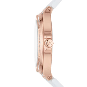 Side view of Michael Kors MK7248 showing rose gold case thickness and crystal lugs