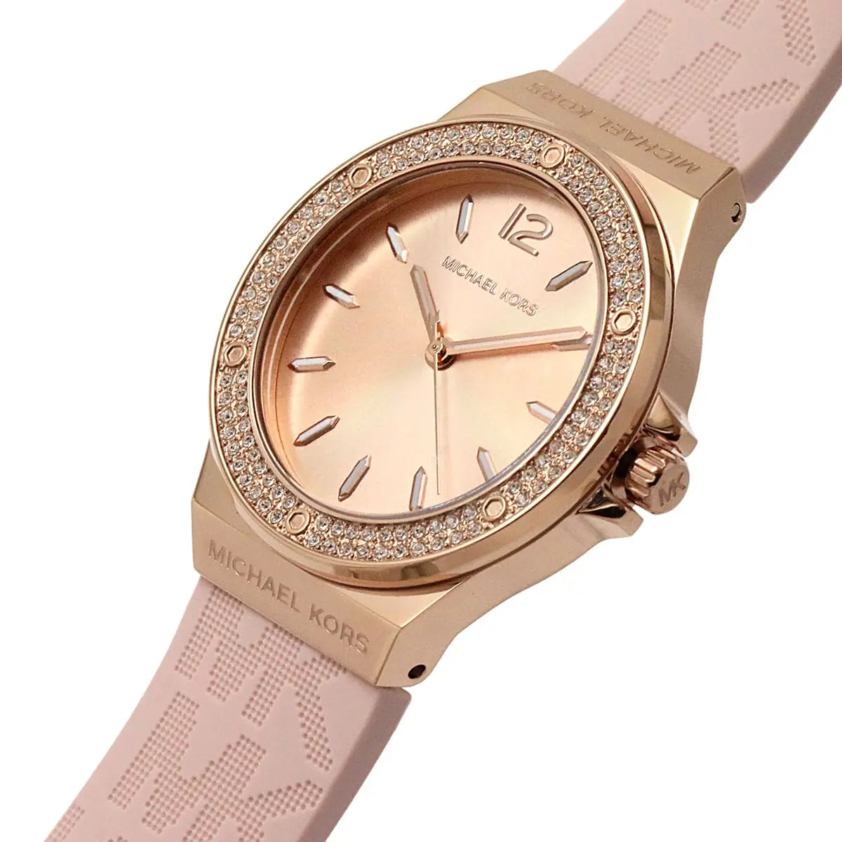 Close-up shot of Michael Kors MK7282 rose gold dial with Arabic numeral 12