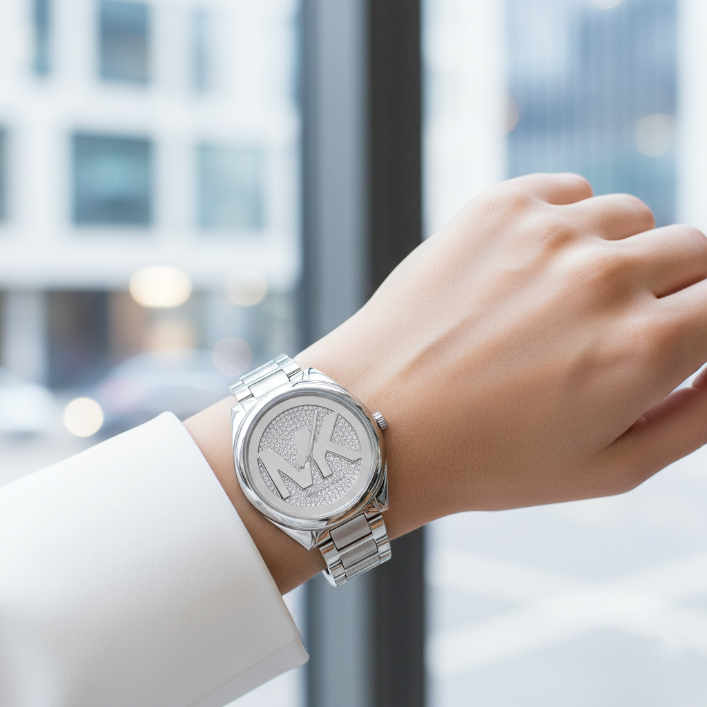 Chic woman wearing Michael Kors MK7311 silver logo watch on smooth hairless wrist
