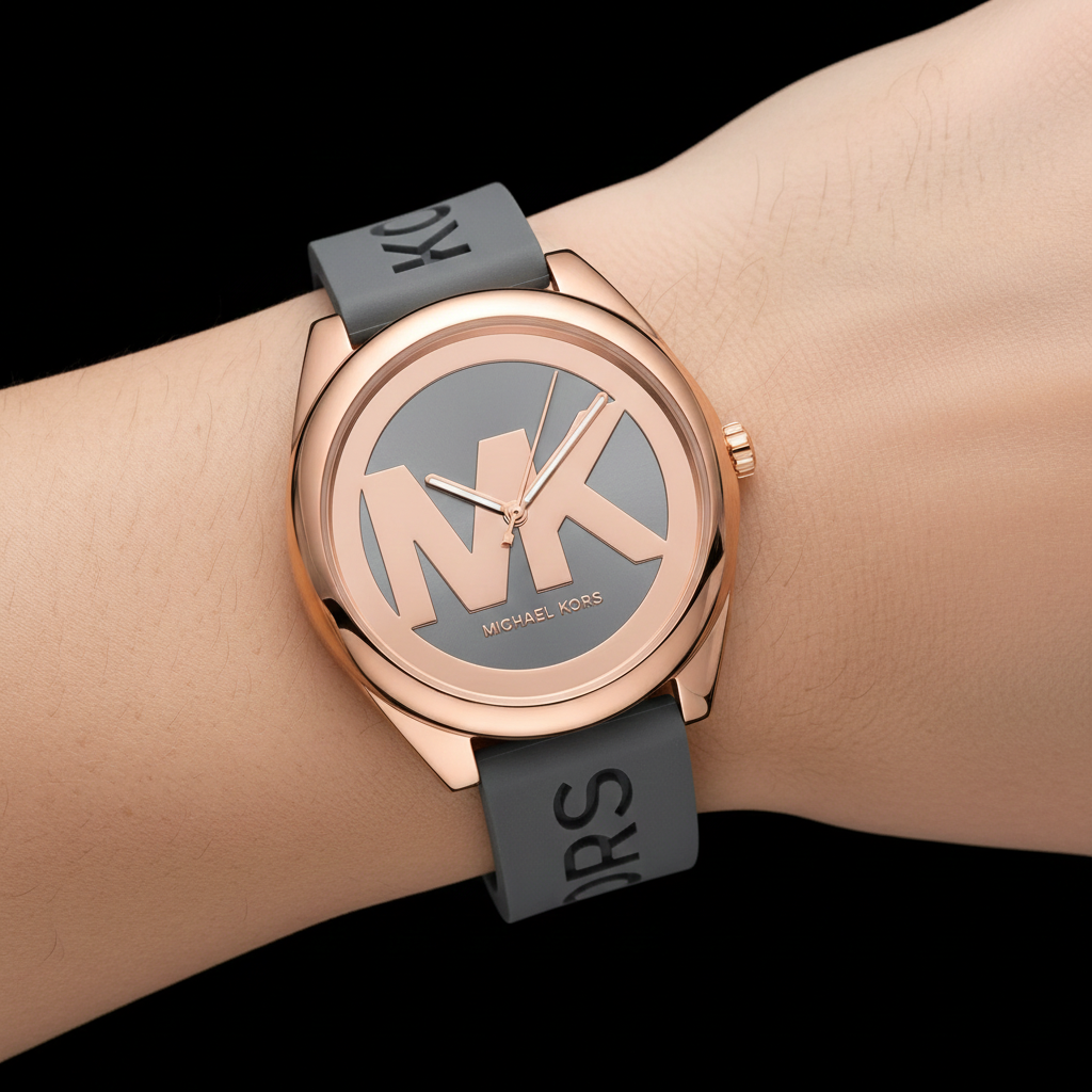 تفاصيل مينا ساعة Michael Kors MK7314 اللوجو الكبير وخامة السيليكون الرمادي