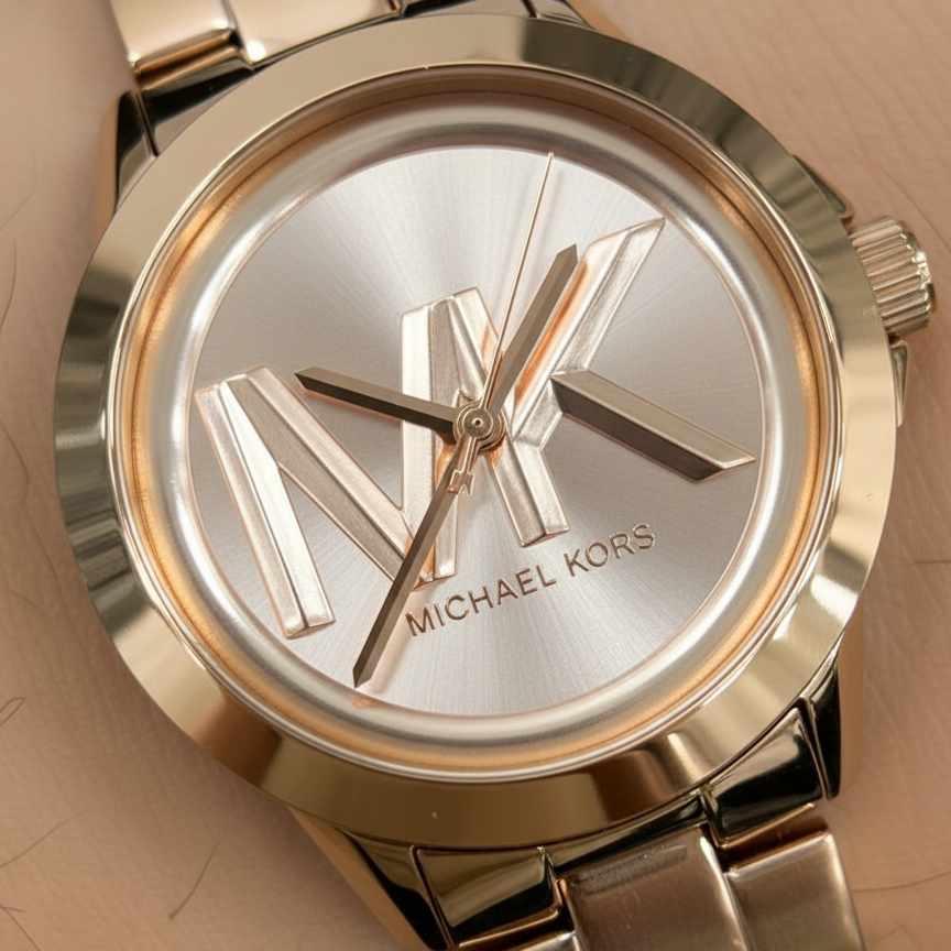 تفاصيل مينا ساعة Michael Kors MK7318 الروز جولد واللوجو الكبير والإطار المضلع