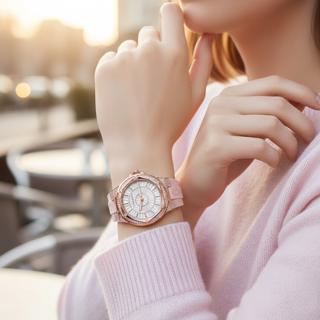 Feminine style: Woman wearing Michael Kors MK7334 pink silicone watch on hairless wrist