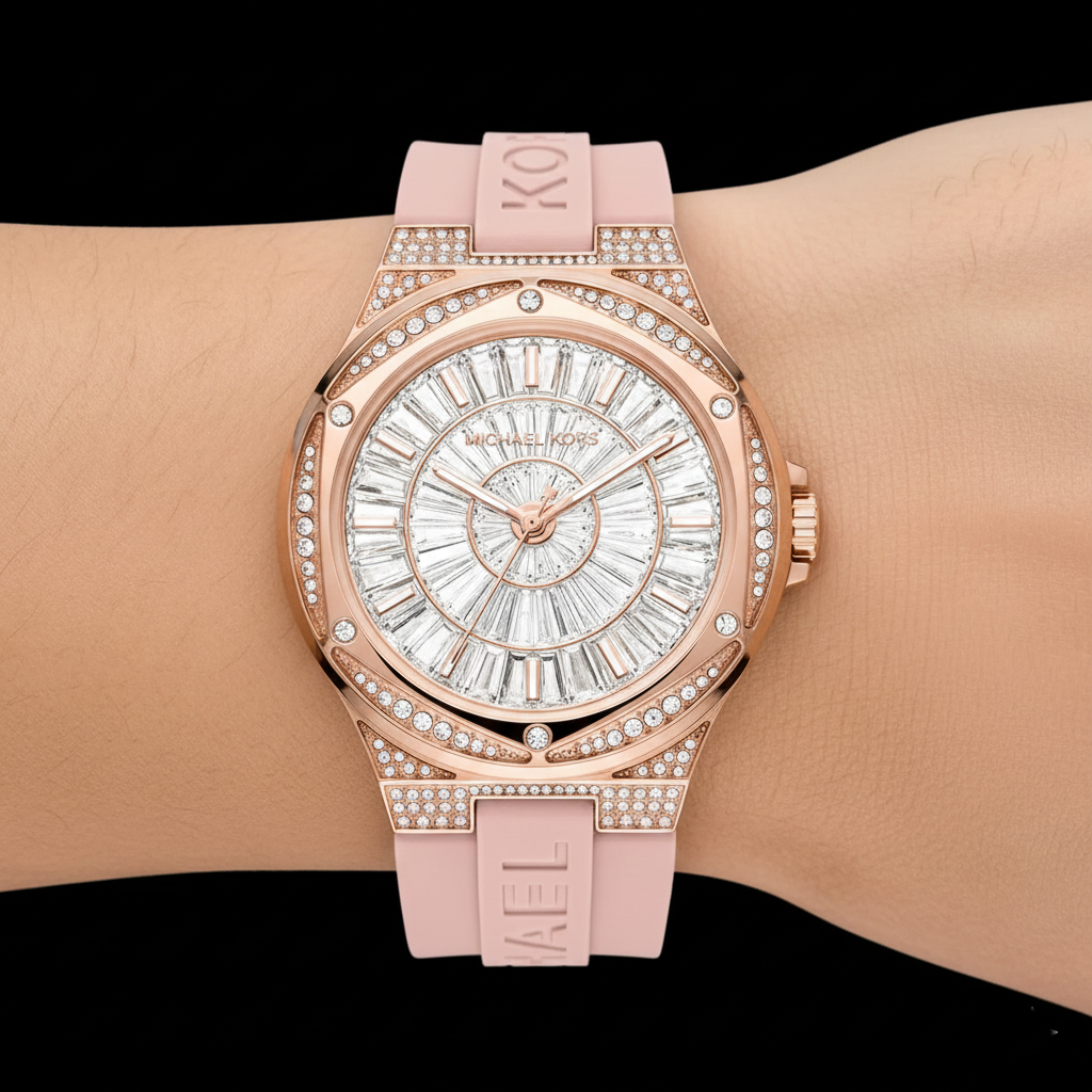 Extreme close-up of Michael Kors MK7334 showing baguette crystal dial and rose gold details
