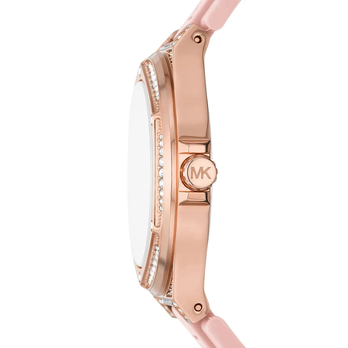 Side view of Michael Kors MK7334 showing rose gold case thickness and crystal lugs