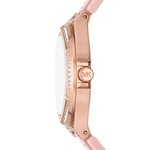 Side view of Michael Kors MK7334 showing rose gold case thickness and crystal lugs
