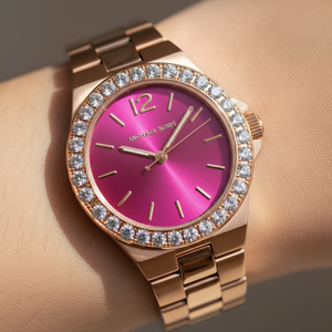 تفاصيل مينا ساعة Michael Kors MK7396 الفوشيا الزمردي وفصوص الكريستال الكبيرة