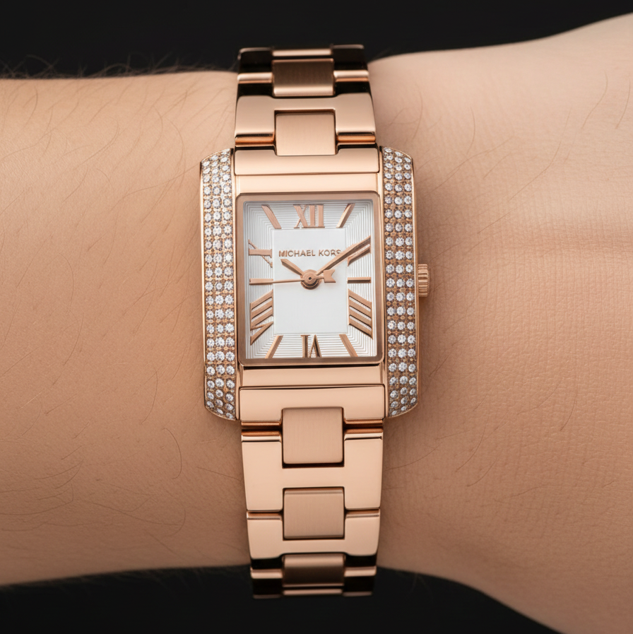 Extreme close-up of Michael Kors MK7512 showing white dial with Roman numerals