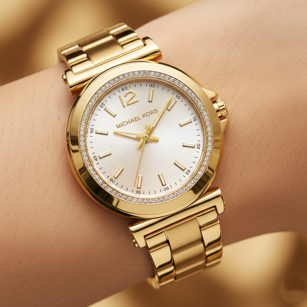 Close-up of Michael Kors MK7516 white mother-of-pearl dial and gold crystal bezel