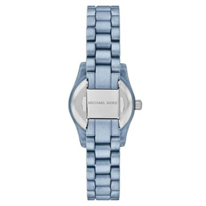 Michael Kors women's watch with a light blue metal link bracelet and a silver-tone case back, shown from the rear on a white background.