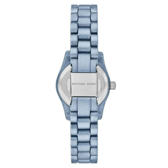 Michael Kors women's watch with a light blue metal link bracelet and a silver-tone case back, shown from the rear on a white background.