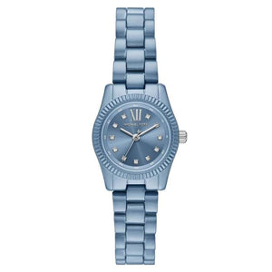 Front view of Michael Kors Petite Lexington MK7519LE women's watch with blue dial and blue stainless steel bracelet.