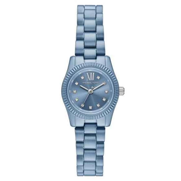 Front view of Michael Kors Petite Lexington MK7519LE women's watch with blue dial and blue stainless steel bracelet.