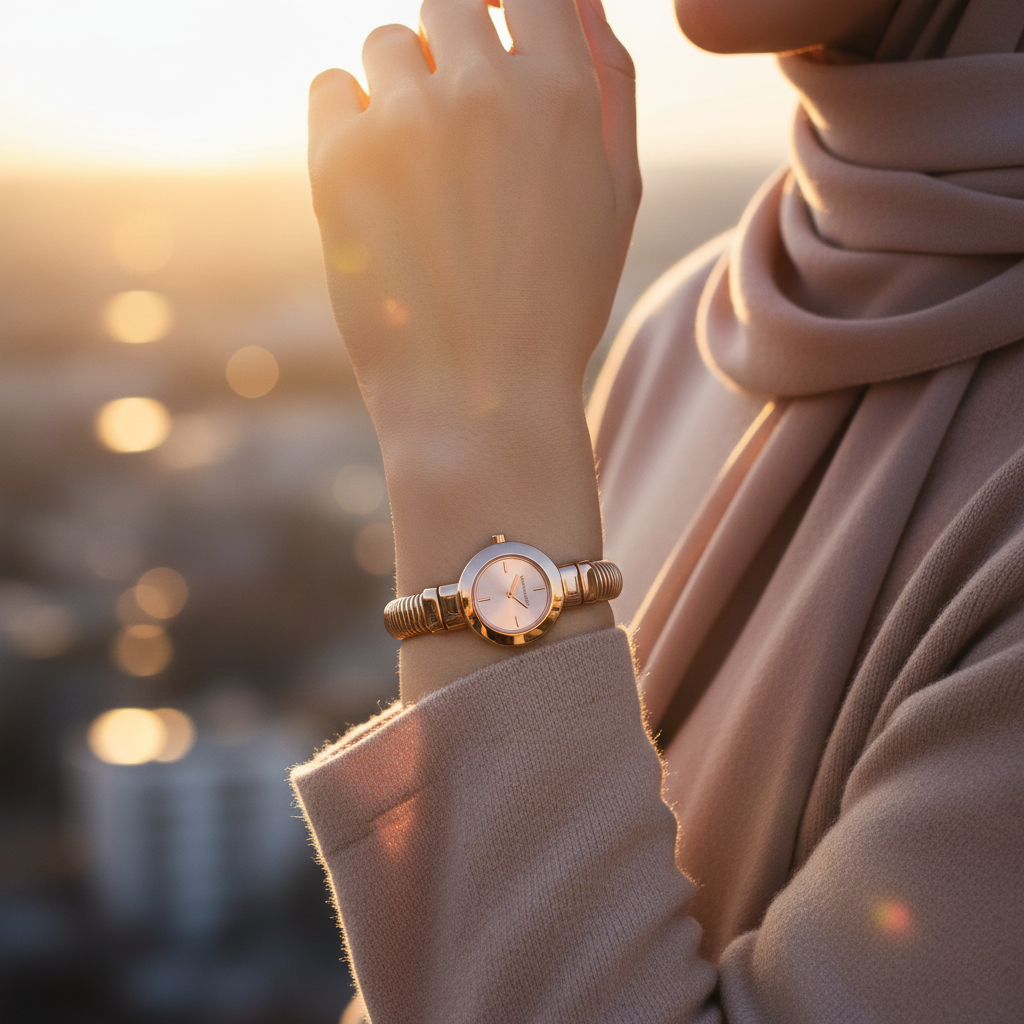 Romantic style: Hijabi woman wearing Michael Kors MK7528 rose gold bangle watch on hairless wrist