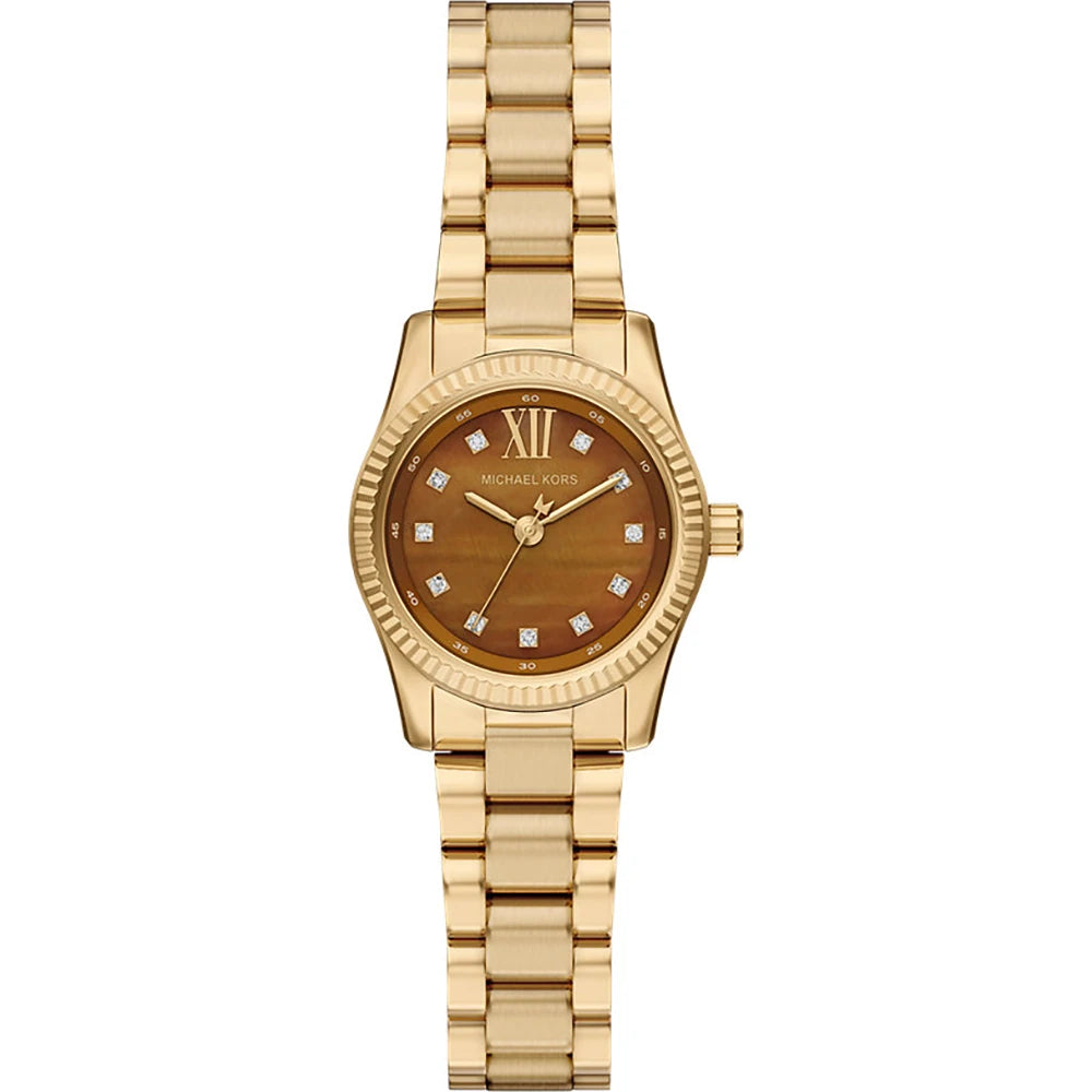 Michael Kors Petite Lexington MK7578 women's watch featuring 26mm gold-tone case and genuine brown Tiger's Eye stone dial