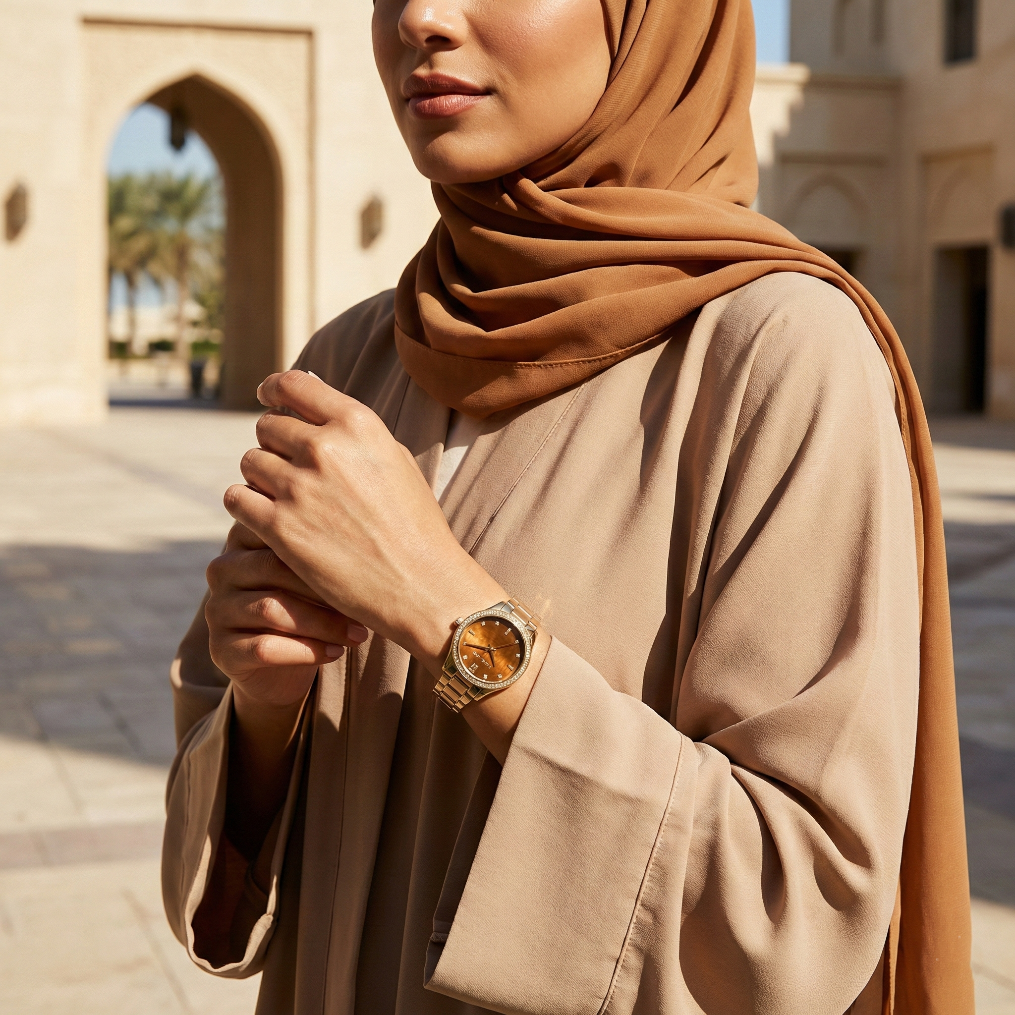 Woman wearing Michael Kors Petite Lexington gold watch with Tiger's Eye dial styled as a premium jewelry piece