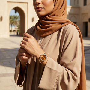 Woman wearing Michael Kors Petite Lexington gold watch with Tiger's Eye dial styled as a premium jewelry piece
