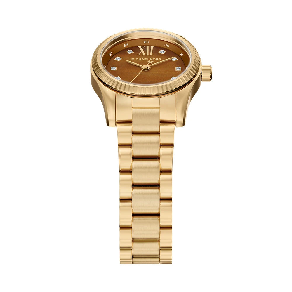 Side profile view showing the slim 7mm gold-tone case thickness of the Michael Kors MK7578