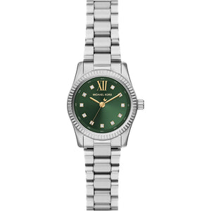 Michael Kors Petite Lexington MK7580 women's watch featuring 26mm silver-tone case and brushed green dial